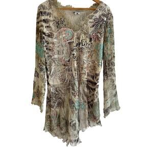 Komarov Crinkle Asymmetric Hem Floral Print Tunic Top Size XL Fairy Mermaid Boho